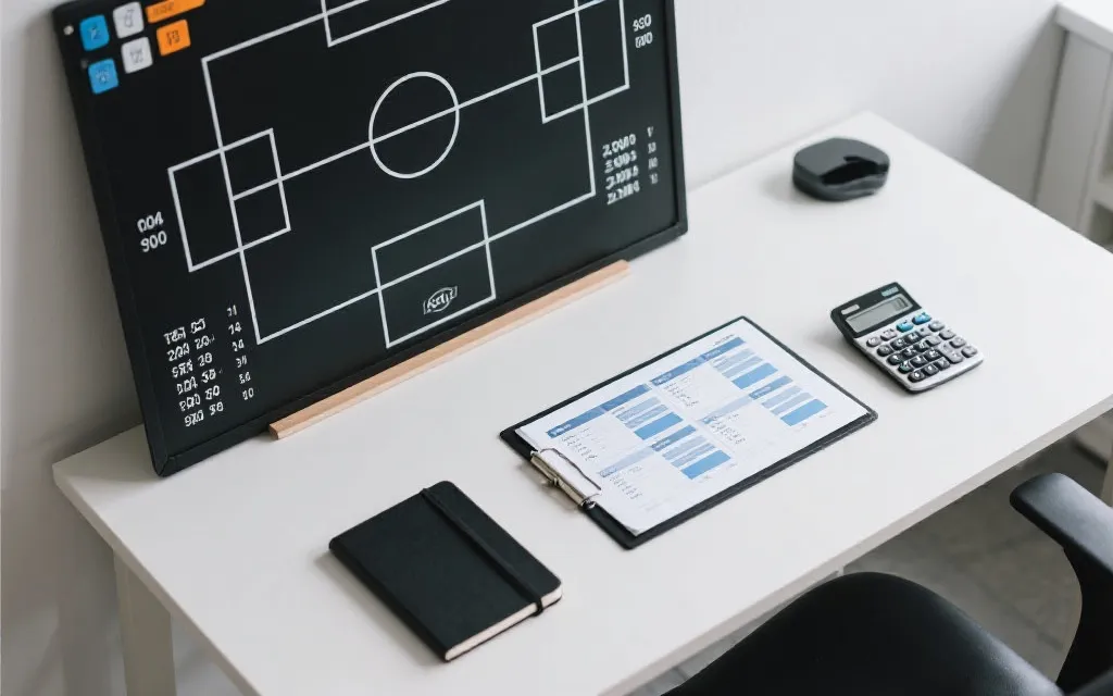 桌面上摊开比赛数据与战术板，旁边是计算器与笔记，理性分析风格