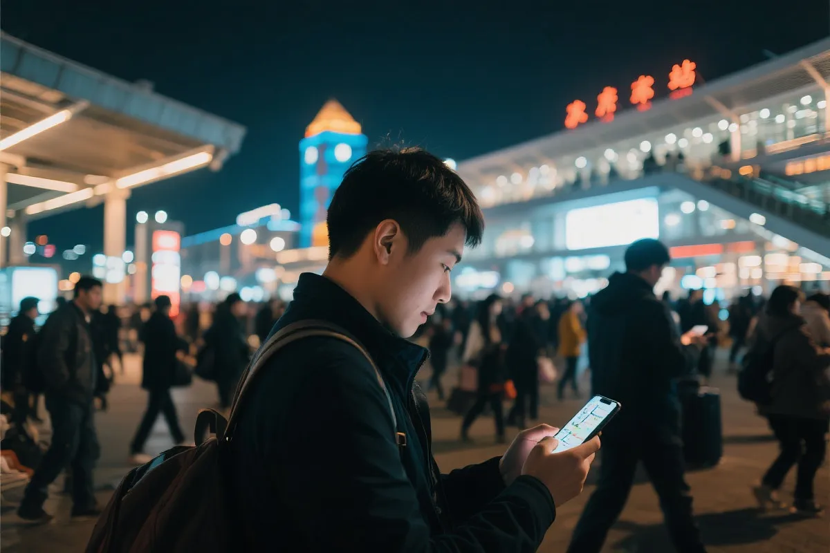 夜晚的城市交通枢纽与球迷人流，轻装旅人查看时间与路线